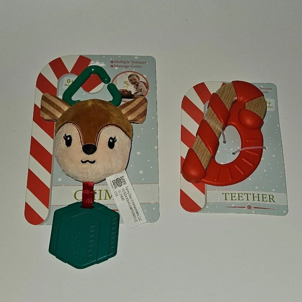 NEW Christmas Baby Teether Lot Sunny Days Reindeer Plush Rattle Wood Candy Cane